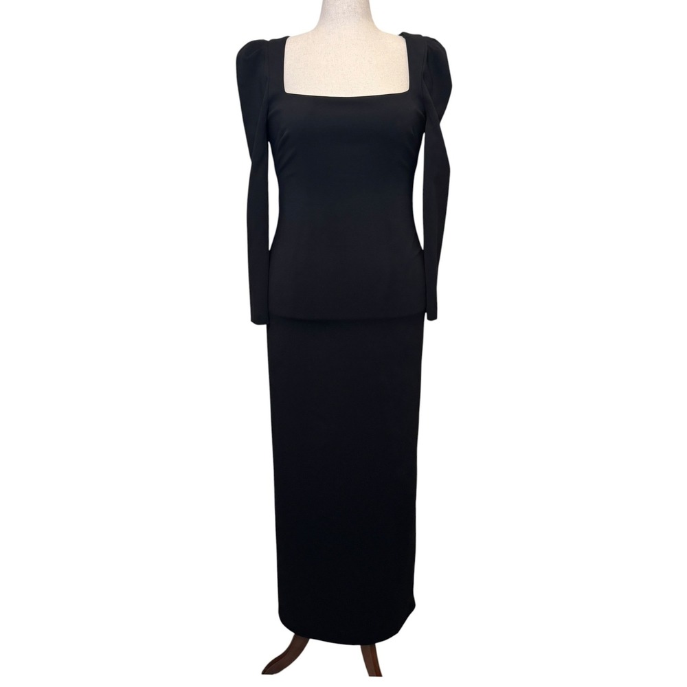 Badgley Mischka Evening Gown Dress 12 Black Puff Sleeve Square Neck Elegant Gala